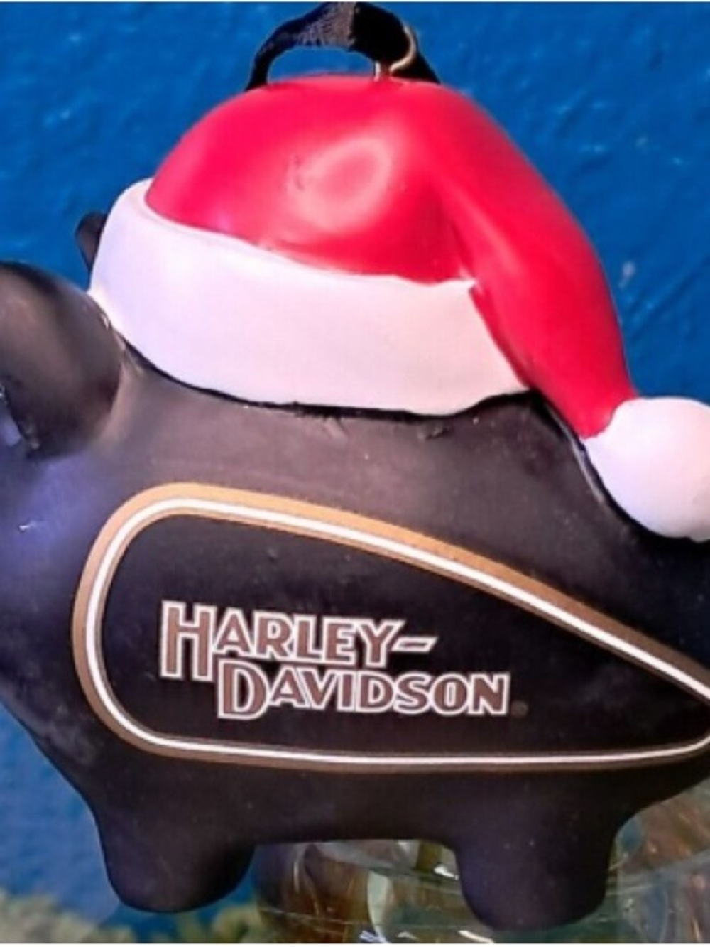 Harley-Davidson Black Pig Ornament with Red Santa Hat